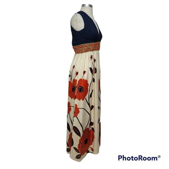 Vintage 60s 70s Union Made Maxi Dress Navy Orange Floral Skirt Beaded Waist - Picture 4 of 12